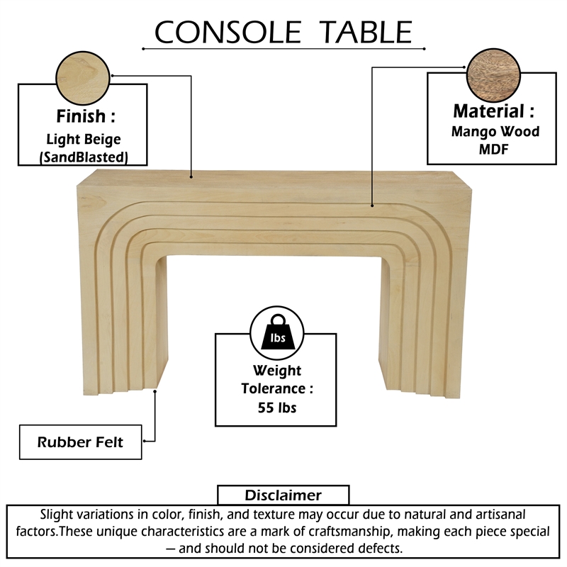 Kesna Console Sofa Table- 53 Inch Sculpted Arch- Light Beige Mango Wood