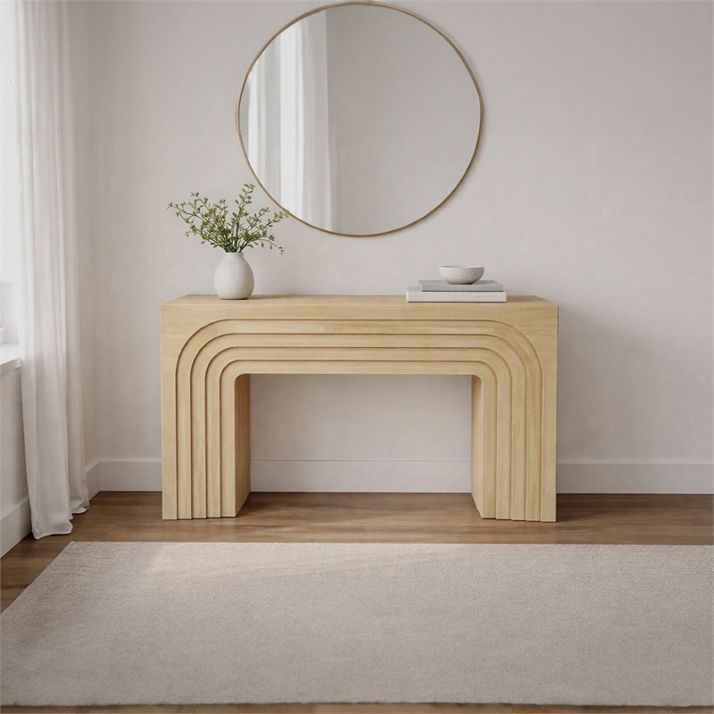 Kesna Console Sofa Table- 53 Inch Sculpted Arch- Light Beige Mango Wood