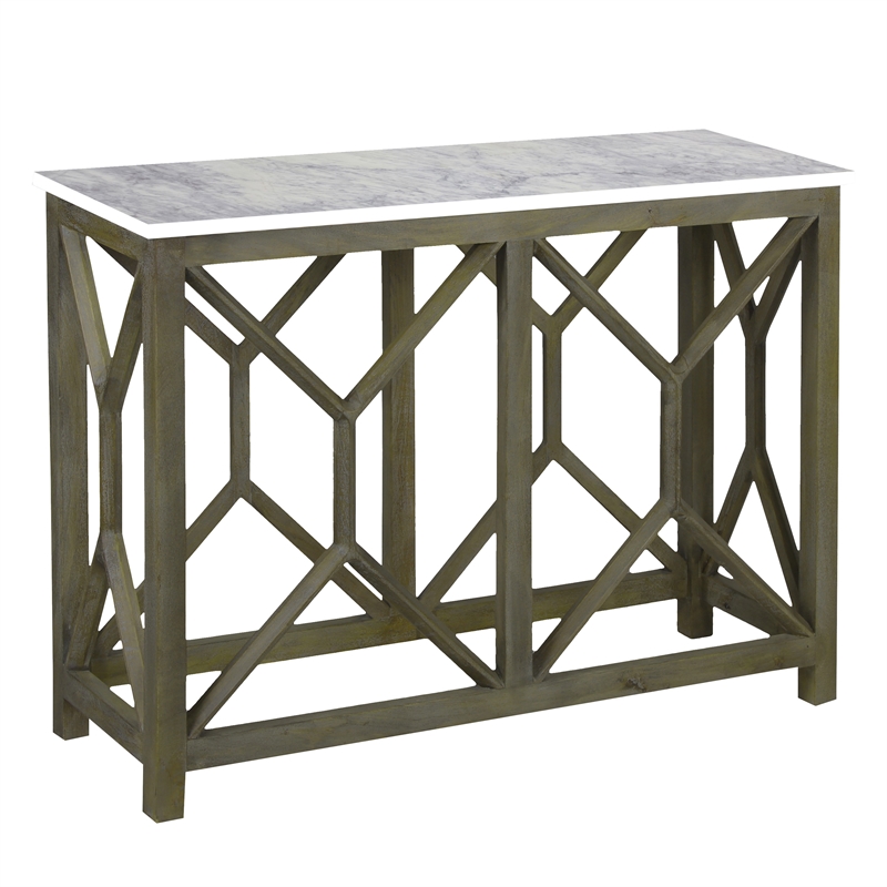 Agas 41 Inch Sofa Console Table-Genuine Marble Top-Sandblasted Gray Mango Wood