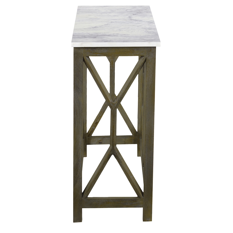 Agas 41 Inch Sofa Console Table-Genuine Marble Top-Sandblasted Gray Mango Wood
