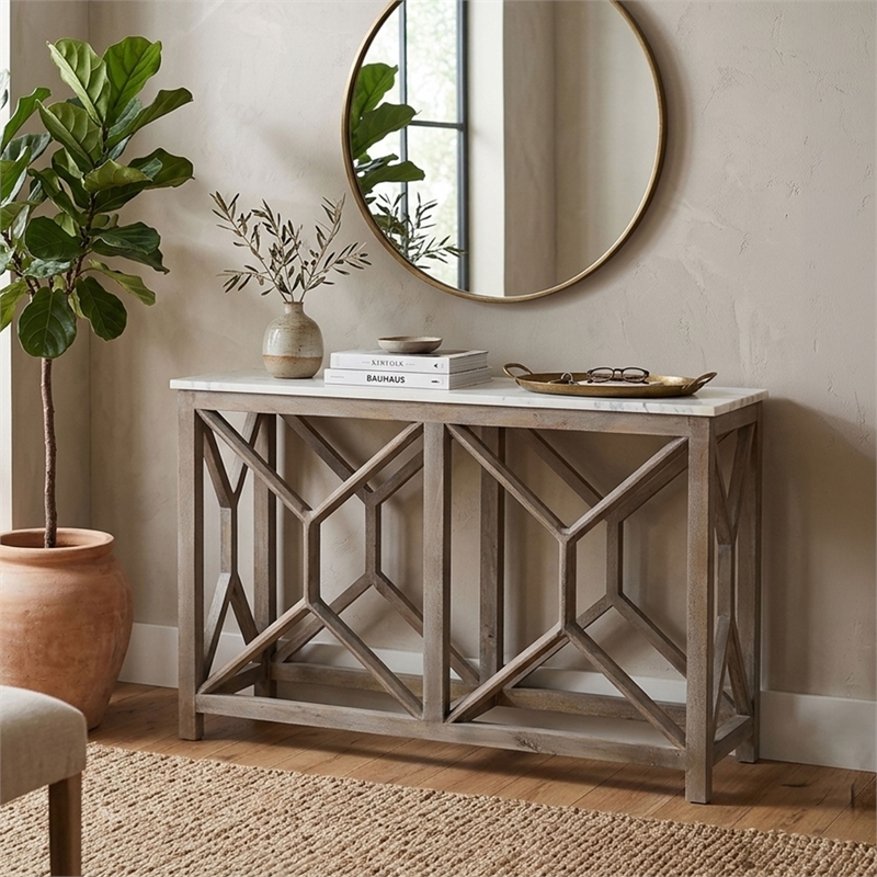 Agas 41 Inch Sofa Console Table-Genuine Marble Top-Sandblasted Gray Mango Wood