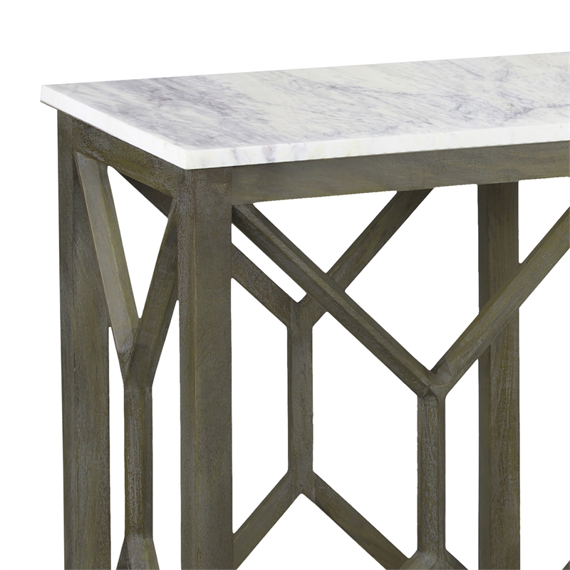 Agas 41 Inch Sofa Console Table-Genuine Marble Top-Sandblasted Gray Mango Wood