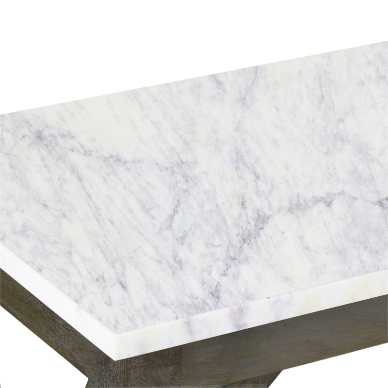 Agas 41 Inch Sofa Console Table-Genuine Marble Top-Sandblasted Gray Mango Wood