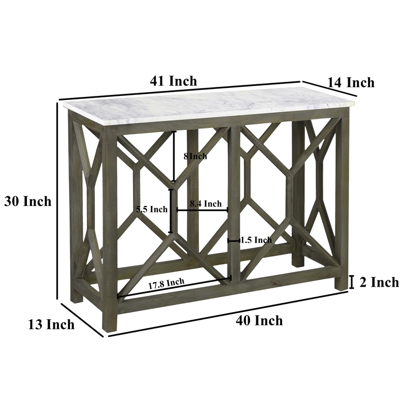 Agas 41 Inch Sofa Console Table-Genuine Marble Top-Sandblasted Gray Mango Wood