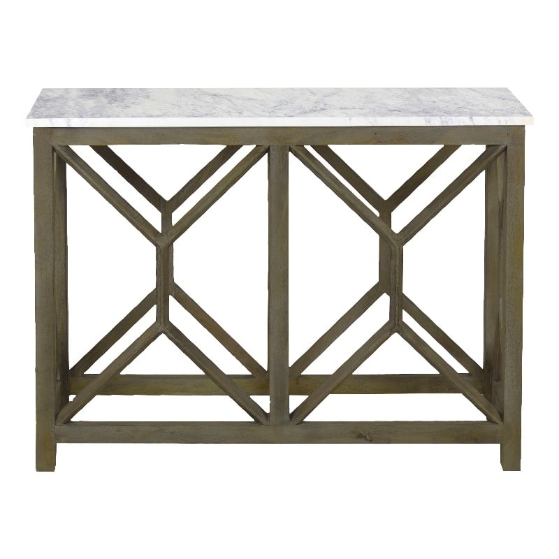 Agas 41 Inch Sofa Console Table-Genuine Marble Top-Sandblasted Gray Mango Wood