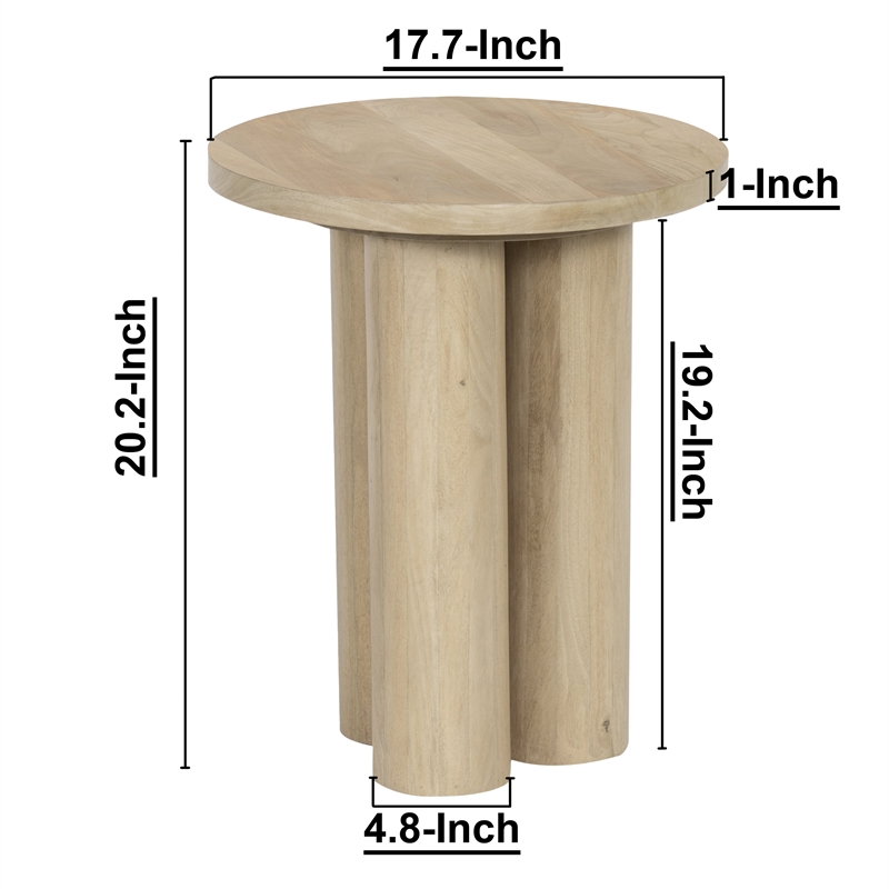 Hazel 17.7 Inch Round Side Table with 3 Pillar Legs-Handcrafted Brown Mango Wood