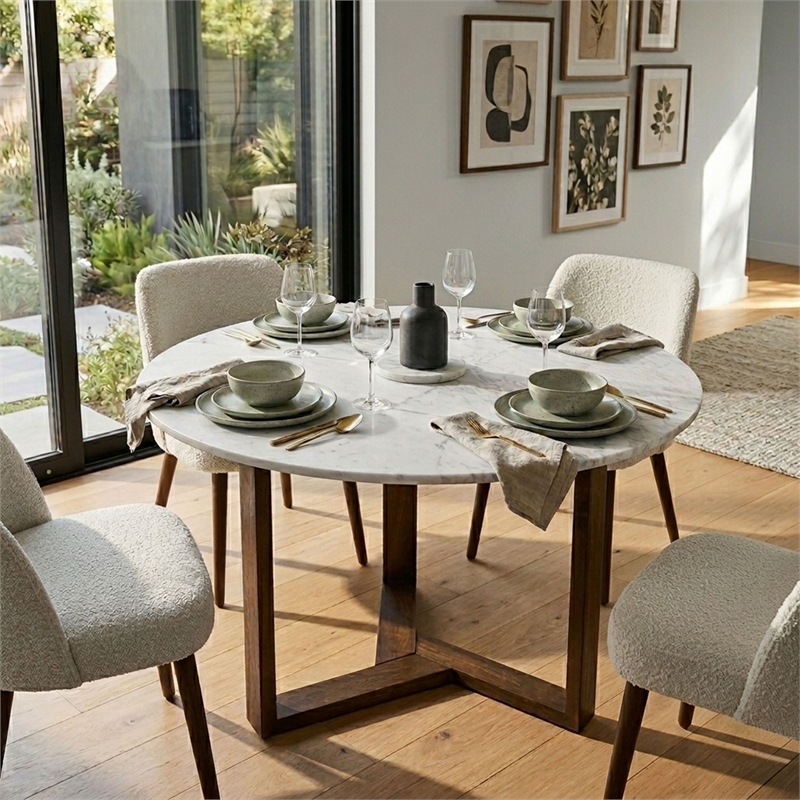 Fina 48 Inch Round Dining Table- White Genuine Marble Top-Brown Mango Wood