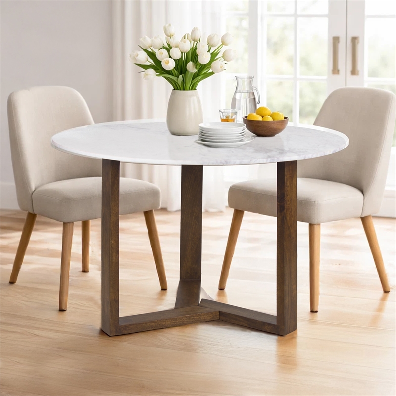 Fina 48 Inch Round Dining Table- White Genuine Marble Top-Brown Mango Wood