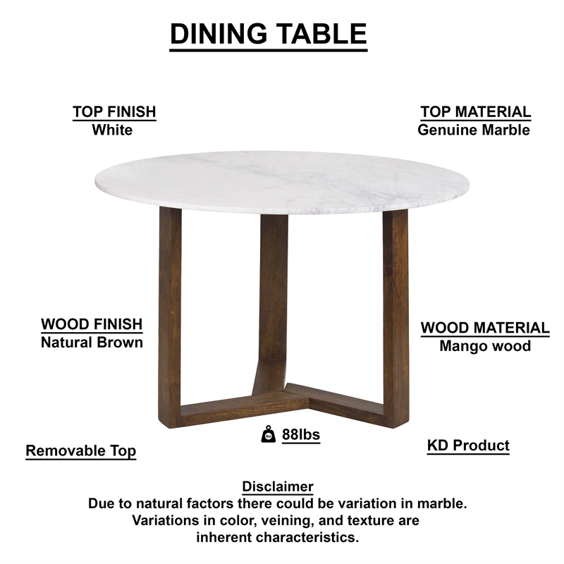 Fina 48 Inch Round Dining Table- White Genuine Marble Top-Brown Mango Wood