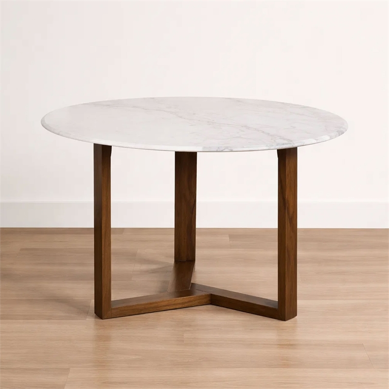 Fina 48 Inch Round Dining Table- White Genuine Marble Top-Brown Mango Wood