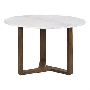 Fina 48 Inch Round Dining Table- White Genuine Marble Top-Brown Mango Wood