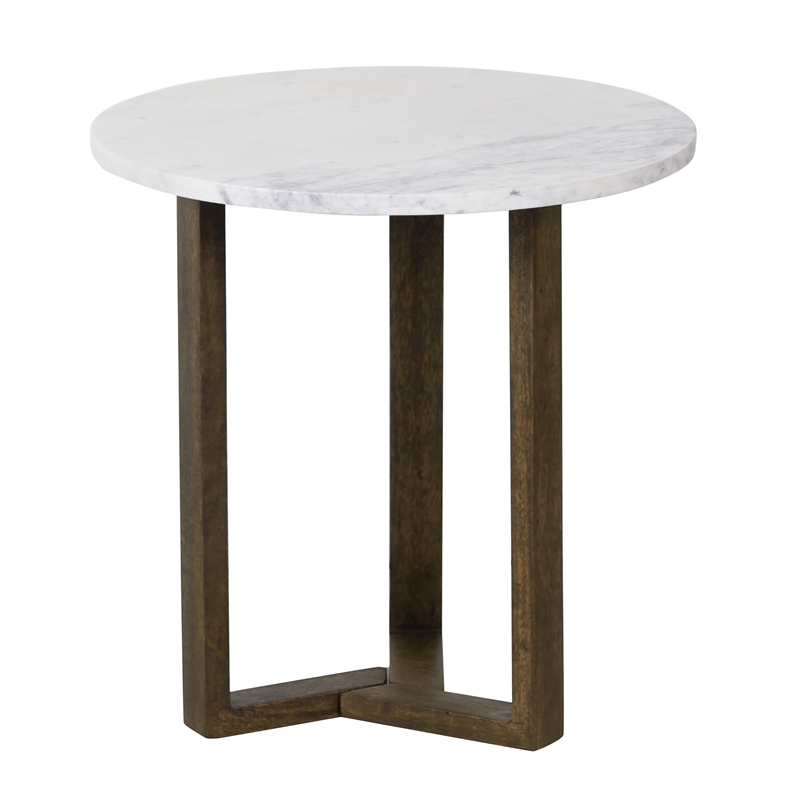 Fina 20 Inch Round Side End Table- White Genuine Marble Top- Brown Mango Wood
