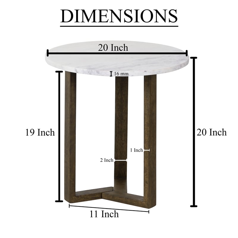 Fina 20 Inch Round Side End Table- White Genuine Marble Top- Brown Mango Wood