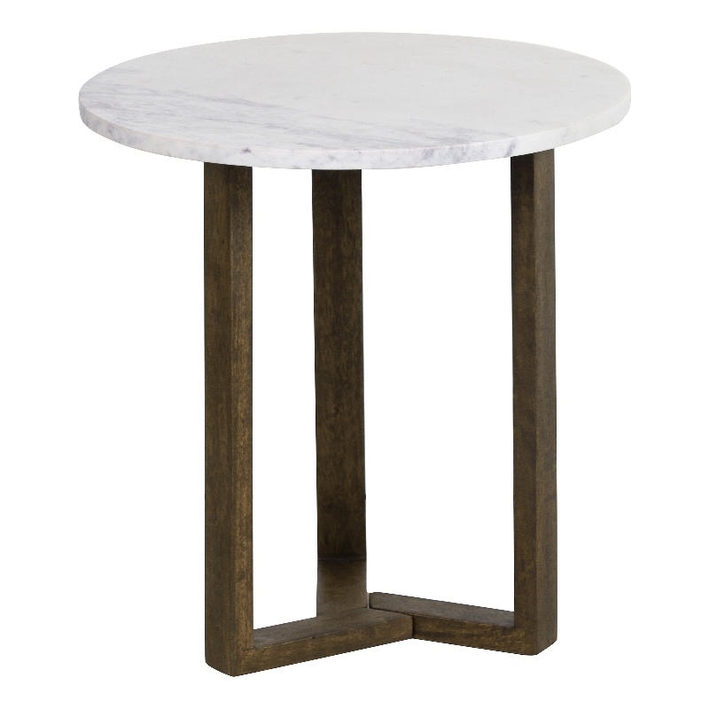 Fina 20 Inch Round Side End Table- White Genuine Marble Top- Brown Mango Wood