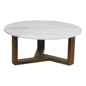 Fina 38 Inch Round Coffee Table- White Genuine Marble Top- Brown Mango Wood