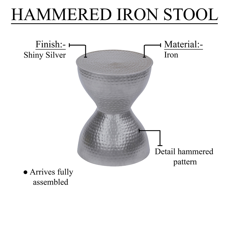 Industrial Style Hammered Texture Iron Stool with Hourglass Shaped Body- Silver