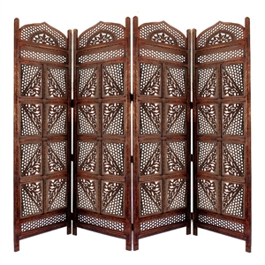 Traditional Four Panel Wooden Room Divider with Hand Carved Details- Brown