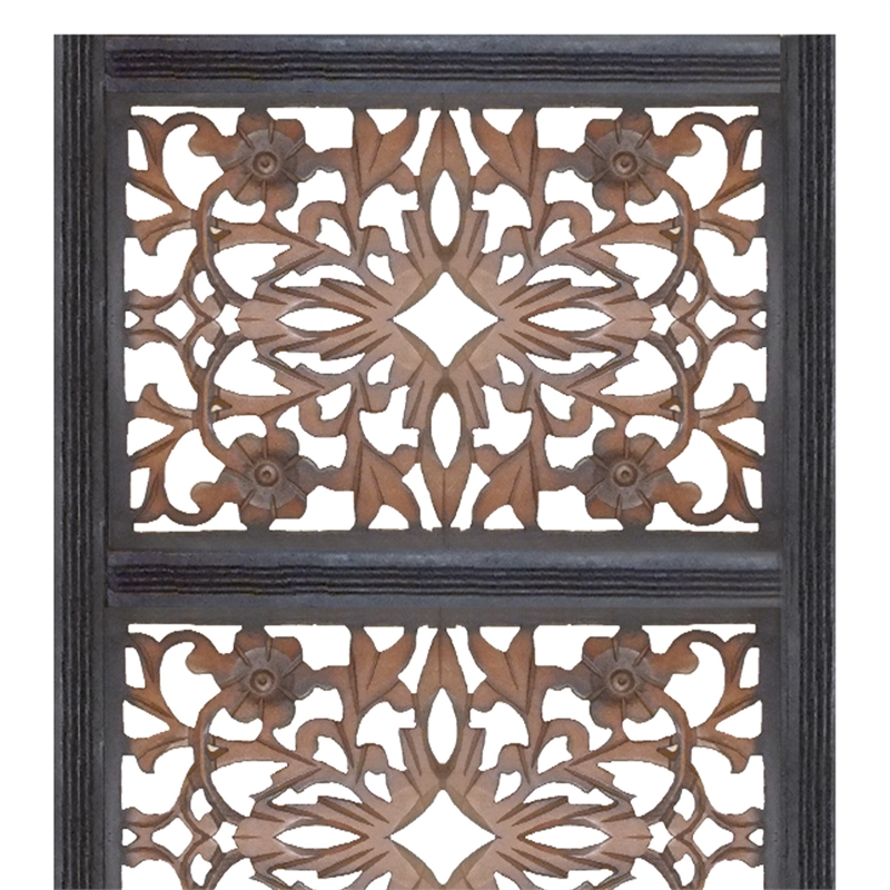 Rectangular Wall Panel with Intricate Floral Carvings- Burnt Black