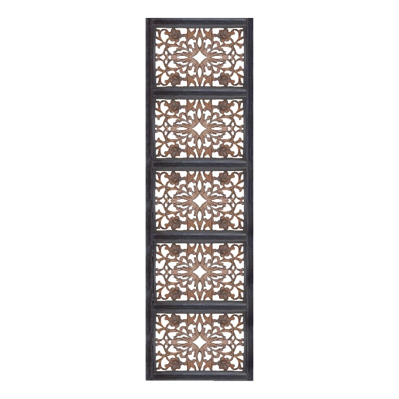 Rectangular Wall Panel with Intricate Floral Carvings- Burnt Black