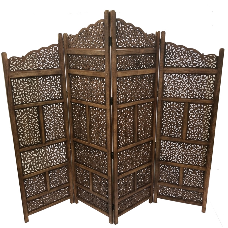Benzara Hand Carved Foldable 4 Panel Wooden Partition Screen/RoomDivider-Brown