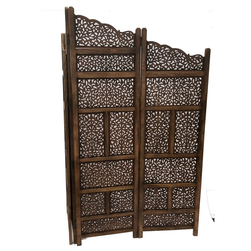 Benzara Hand Carved Foldable 4 Panel Wooden Partition Screen/RoomDivider-Brown