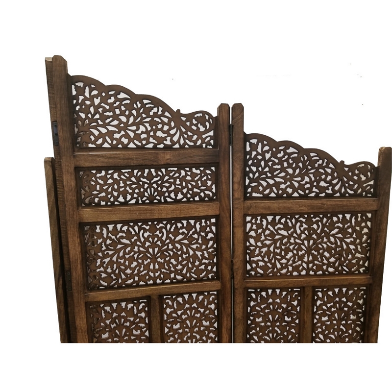 Benzara Hand Carved Foldable 4 Panel Wooden Partition Screen/RoomDivider-Brown