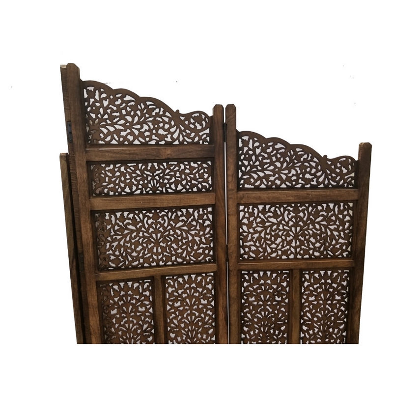 Benzara Hand Carved Foldable 4 Panel Wooden Partition Screen/RoomDivider-Brown