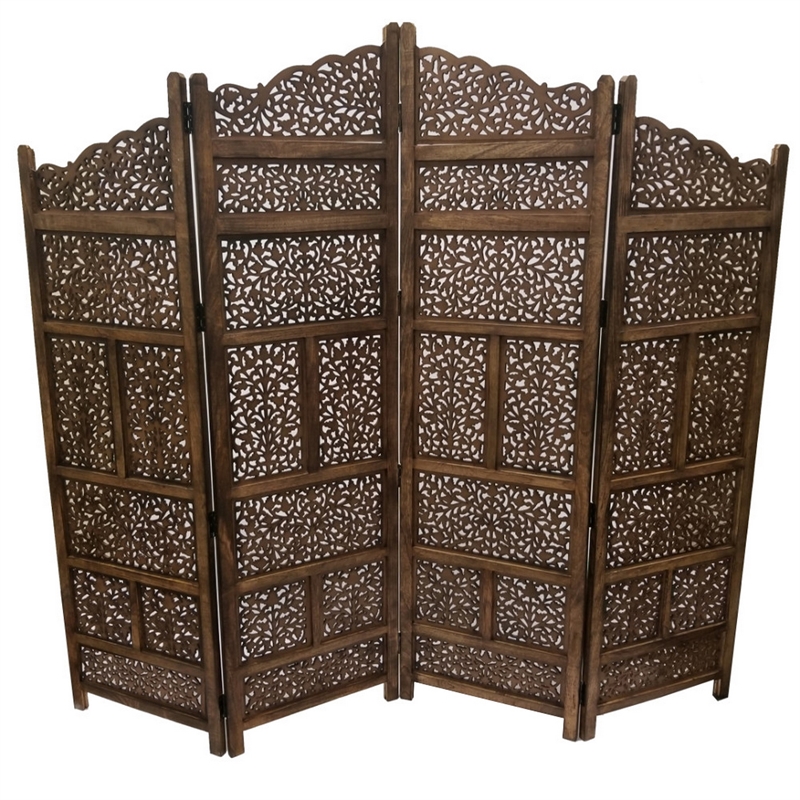 Benzara Hand Carved Foldable 4 Panel Wooden Partition Screen/RoomDivider-Brown
