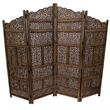 Benzara Hand Carved Foldable 4 Panel Wooden Partition Screen/RoomDivider-Brown