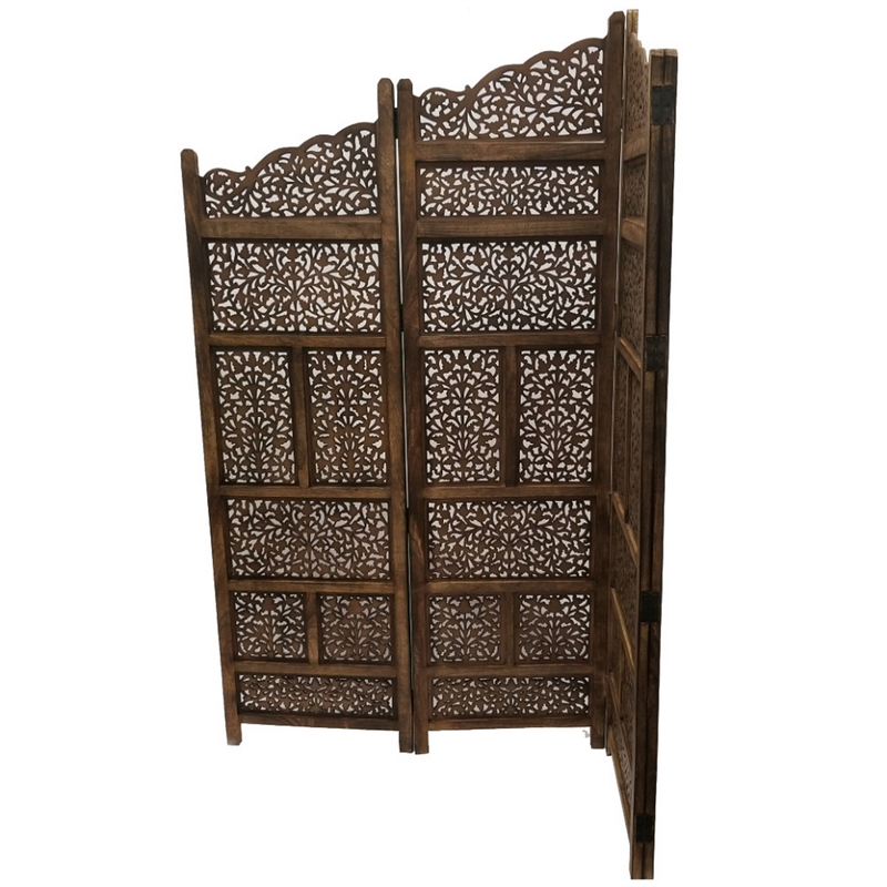 Benzara Hand Carved Foldable 4 Panel Wooden Partition Screen/RoomDivider-Brown