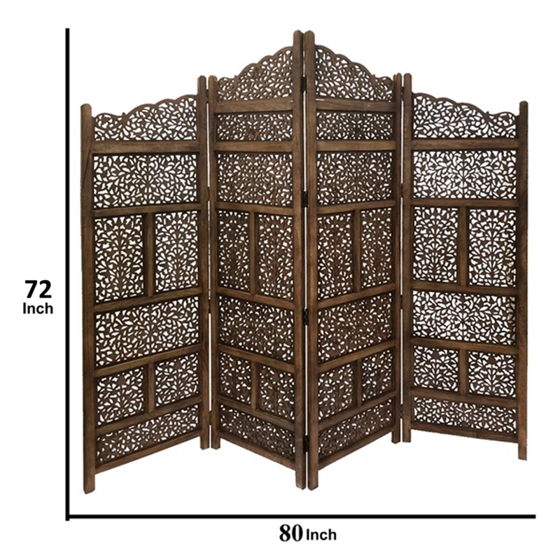Benzara Hand Carved Foldable 4 Panel Wooden Partition Screen/RoomDivider-Brown