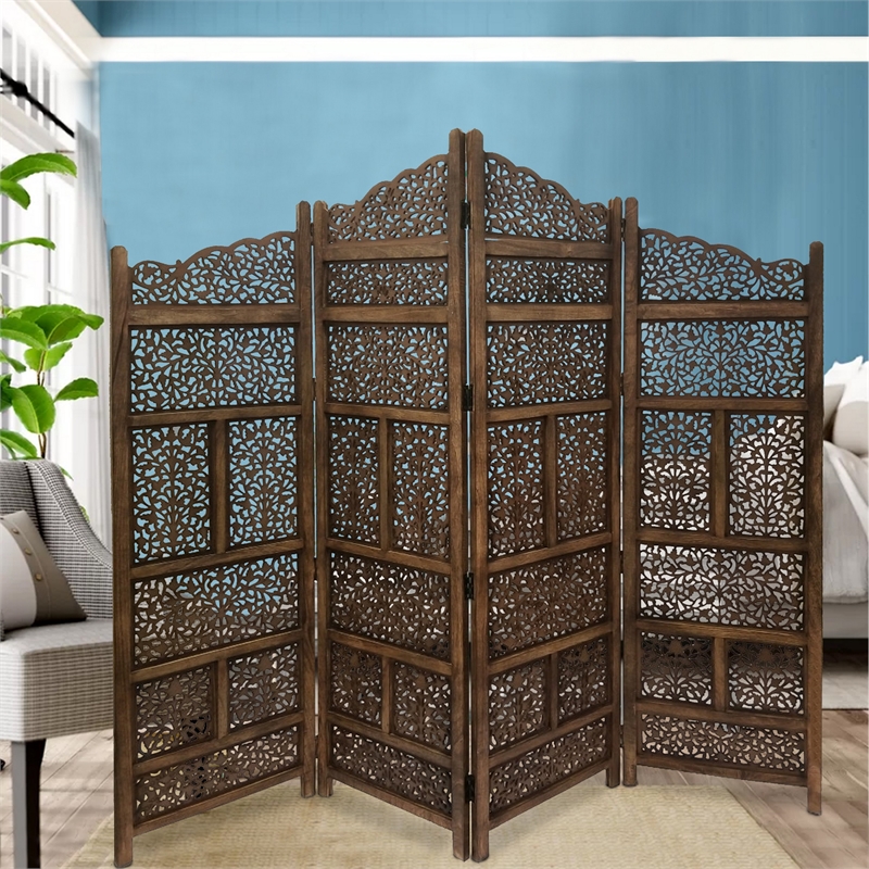 Benzara Hand Carved Foldable 4 Panel Wooden Partition Screen/RoomDivider-Brown