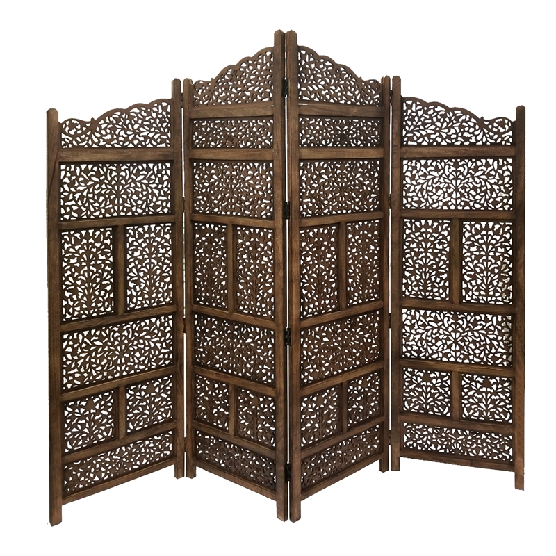 Benzara Hand Carved Foldable 4 Panel Wooden Partition Screen/RoomDivider-Brown