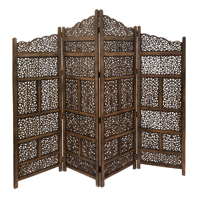 Benzara Hand Carved Foldable 4 Panel Wooden Partition Screen/RoomDivider-Brown
