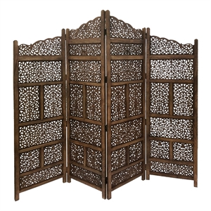 Benzara Hand Carved Foldable 4 Panel Wooden Partition Screen/RoomDivider-Brown
