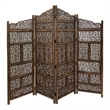 Benzara Hand Carved Foldable 4 Panel Wooden Partition Screen/RoomDivider-Brown