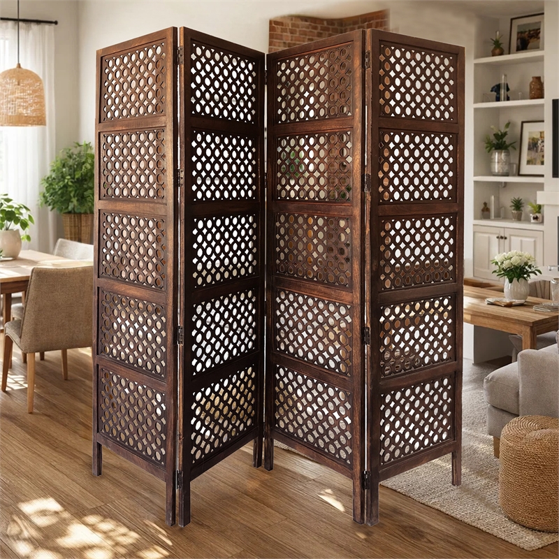 Decorative Four Panel Mango Wood Hinged Room Divider with Circular Cutout Design