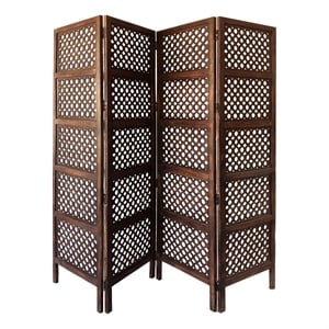 Decorative Four Panel Mango Wood Hinged Room Divider with Circular Cutout Design