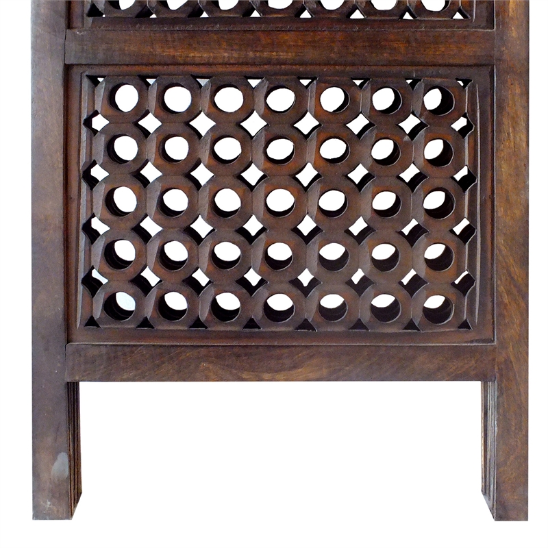 Decorative Four Panel Mango Wood Hinged Room Divider with Circular Cutout Design