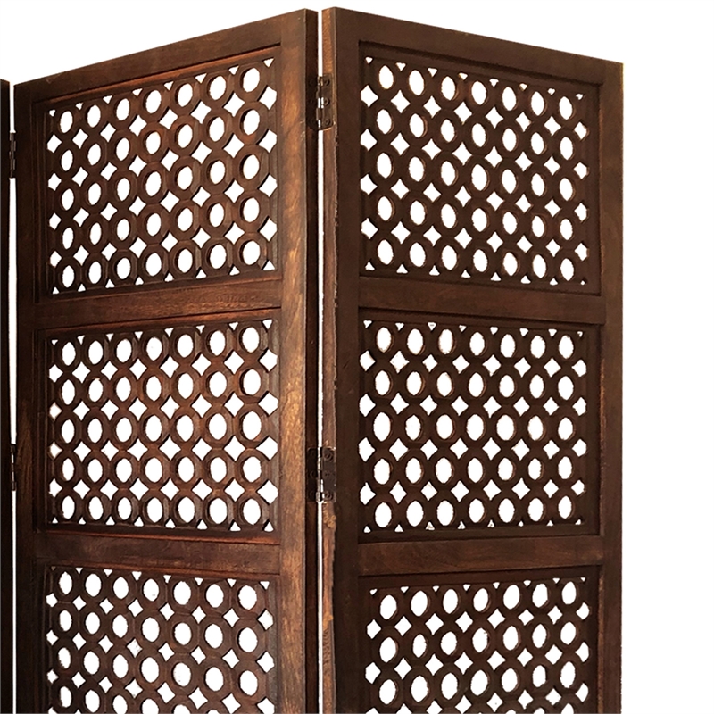 Decorative Four Panel Mango Wood Hinged Room Divider with Circular Cutout Design