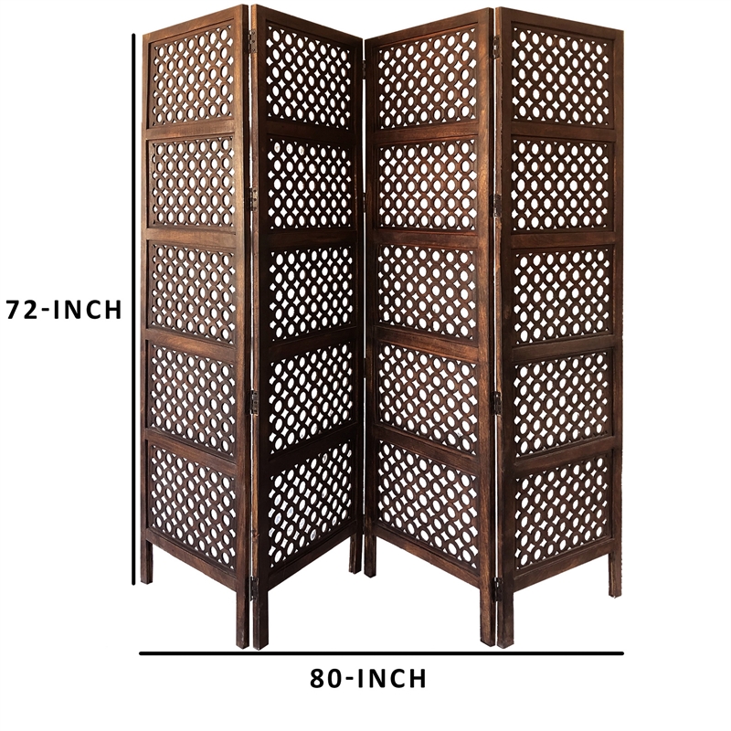 Decorative Four Panel Mango Wood Hinged Room Divider with Circular Cutout Design