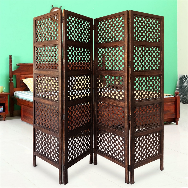 Decorative Four Panel Mango Wood Hinged Room Divider with Circular Cutout Design