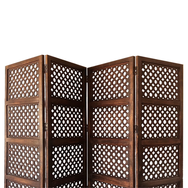 Decorative Four Panel Mango Wood Hinged Room Divider with Circular Cutout Design
