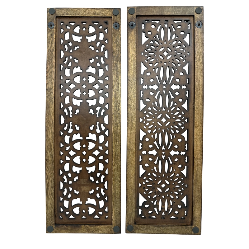 Benzara Floral Hand Carved Wooden Wall Panels- Assortment of Two- Brown