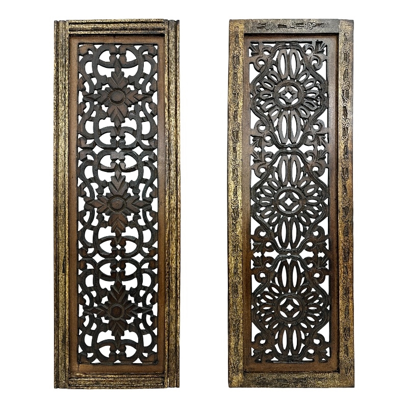 Benzara Floral Hand Carved Wooden Wall Panels- Assortment of Two- Brown