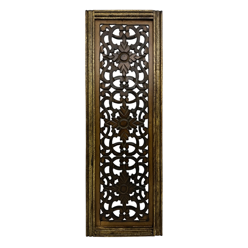 Benzara Floral Hand Carved Wooden Wall Panels- Assortment of Two- Brown