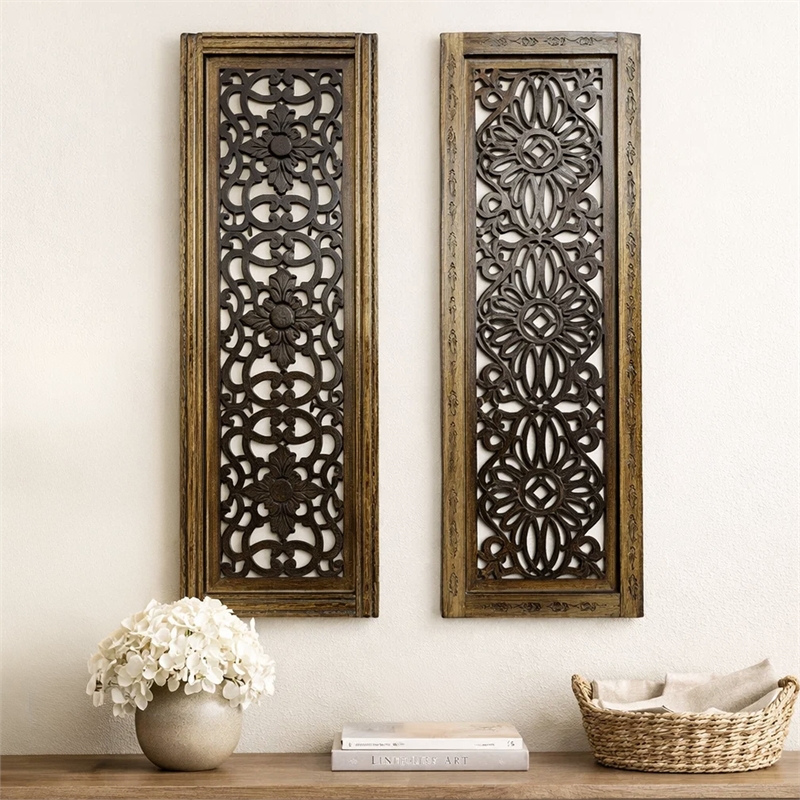 Benzara Floral Hand Carved Wooden Wall Panels- Assortment of Two- Brown