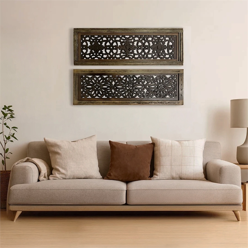 Benzara Floral Hand Carved Wooden Wall Panels- Assortment of Two- Brown