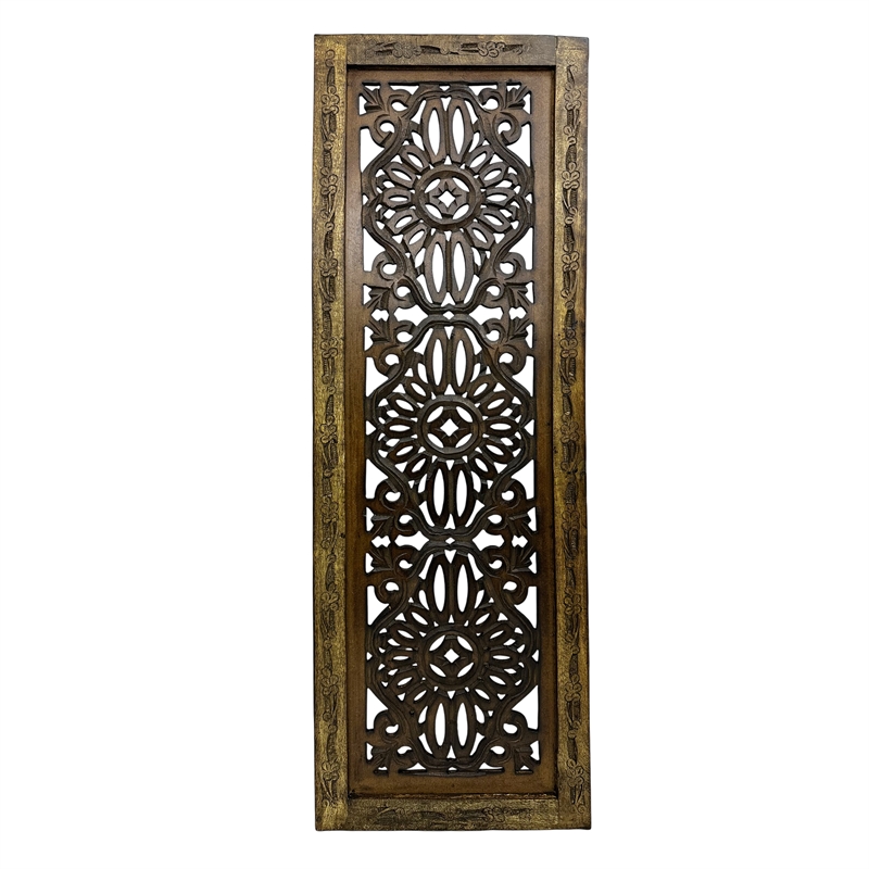 Benzara Floral Hand Carved Wooden Wall Panels- Assortment of Two- Brown