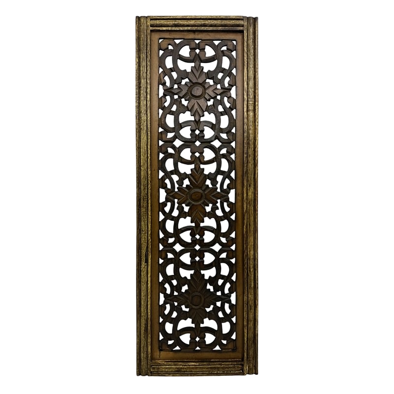 Benzara Floral Hand Carved Wooden Wall Panels- Assortment of Two- Brown